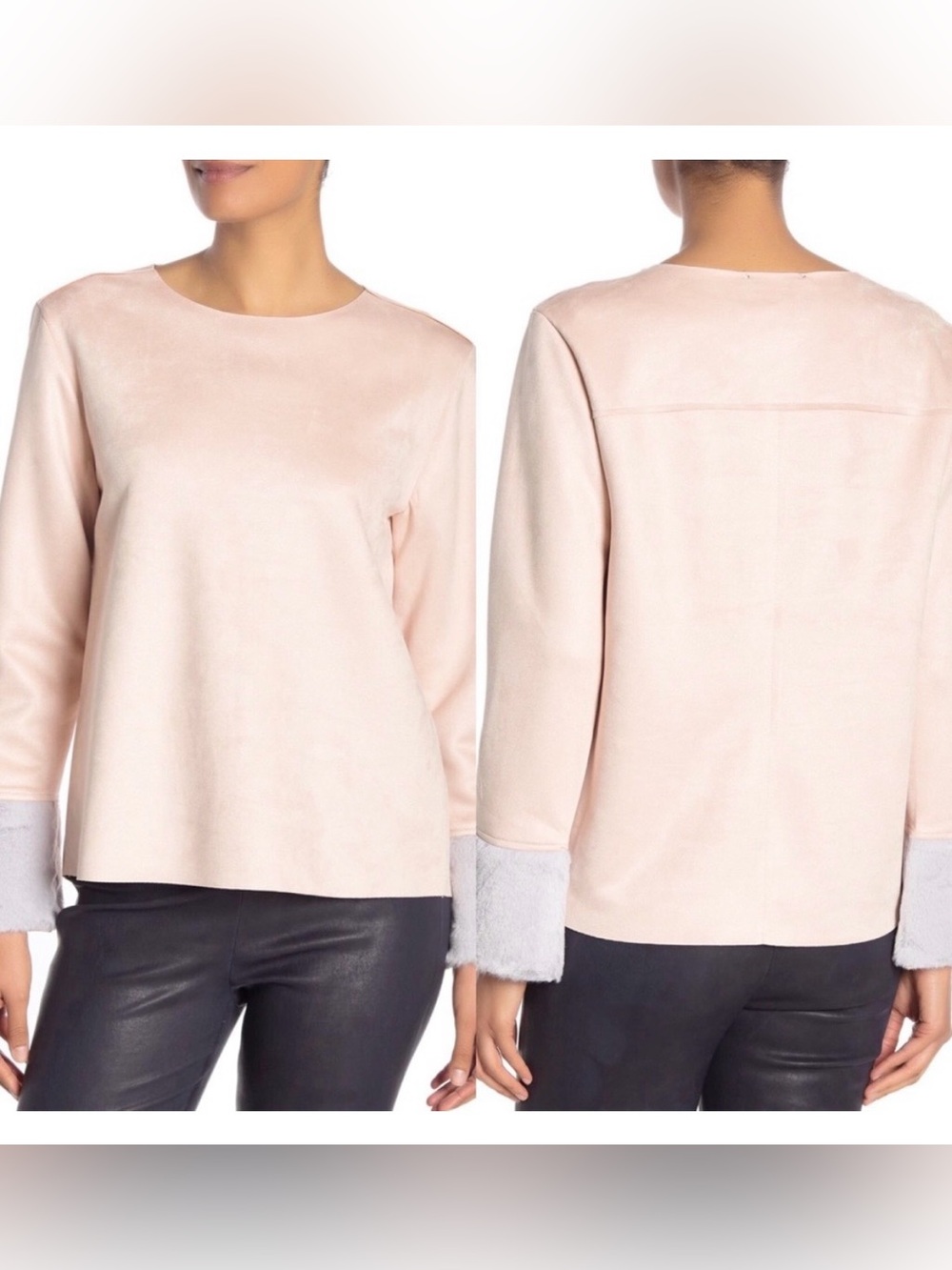 CATHERINE MALAMDRINO Apres Ski Cozy Holiday Faux Suede/Fur Cuff Lt. Pink Top L